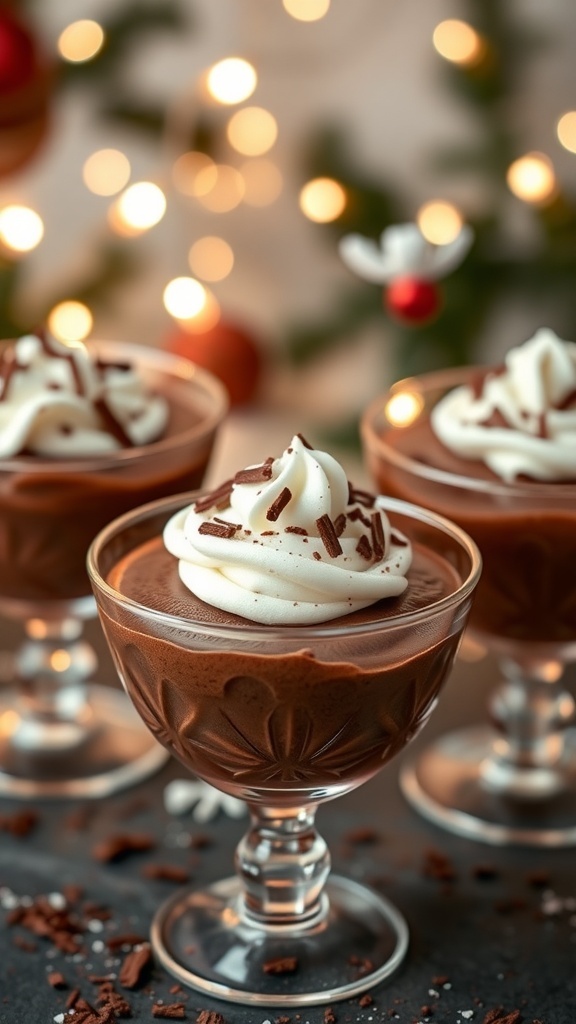 Elegant chocolate mousse in glass cups topped with whipped cream and chocolate shavings in a festive setting.